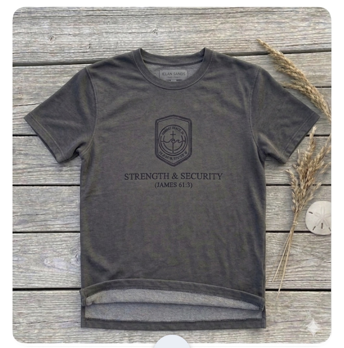 Men's washed charcoal tee with tonal Strength & Security emblem
