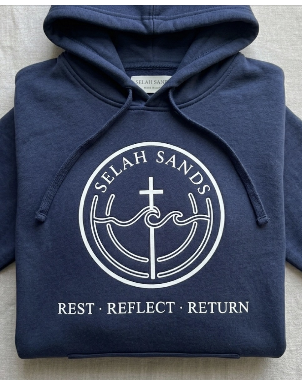 Navy Selah Sands hoodie with Rest · Reflect · Return emblem