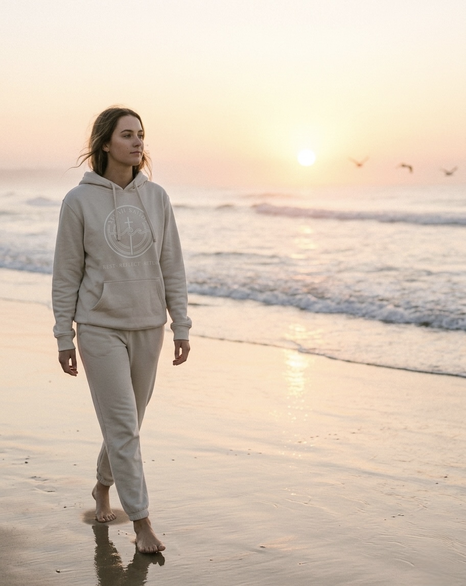 Woman in flowing linen at sunrise on the coast